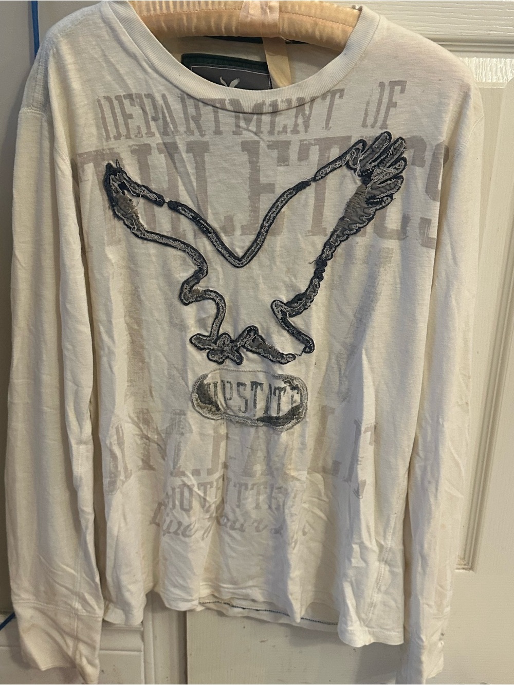 Vintage American Eagle Outfitters White Long-Sleeve Shirt with Embroidered Eagle